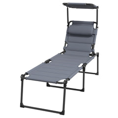 Famisati Outdoor Lounge Chair, Adjustable Backrest Folding Chaise Lounge, Cushioned Tanning Chair w/Sunshade Roof & Pillow Headrest for Beach, Camping, Hiking, Gray