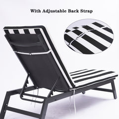 Attractiskin 2PCS Set Outdoor Lounge Chair Cushion Replacement Patio Funiture Seat Cushion Chaise Lounge Cushion-Black with White stripe