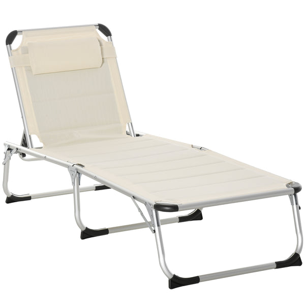 Famisati Foldable Outdoor Chaise Lounge Chair, 5-Level Reclining Camping Tanning Chair with Aluminum Frame, Padding, and Headrest for Beach, Yard, Patio, Pool, White