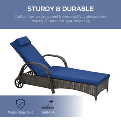 Famisati Wicker Outdoor Chaise Lounge, 5-Level Adjustable Backrest PE Rattan Pool Lounge Chair with Wheels, Cushion & Headrest, Brown and Dark Blue