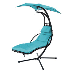 Famisati Hanging Chaise Lounger with Removable Canopy, Outdoor Swing Chair with Built-in Pillow, Hanging Curved Chaise Lounge Chair Swing for Patio Porch Poolside, Hammock Chair with Stand (Blue)