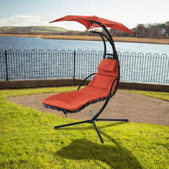 Famisati Hanging Chaise Lounger with Removable Canopy, Outdoor Swing Chair with Built-in Pillow, Hanging Curved Chaise Lounge Chair Swing for Patio Porch Poolside, Hammock Chair with Stand (Orange)