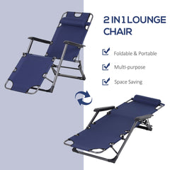 Famisati Tanning Chair, 2-in-1 Beach Lounge Chair & Camping Chair w/ Pillow & Pocket, Adjustable Chaise for Sunbathing Outside, Patio, Poolside, Navy