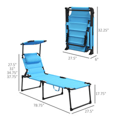 Attractiskin 2 Pcs Outdoor Lounge Chair, Adjustable Backrest Folding Chaise Lounge, Cushioned Tanning Chair w/Sunshade Roof & Pillow Headrest for Beach, Camping, Hiking, Light Blue