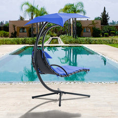 Famisati Hanging Chaise Lounger with Removable Canopy, Outdoor Swing Chair with Built-in Pillow, Hanging Curved Chaise Lounge Chair Swing for Patio Porch Poolside, Hammock Chair with Stand (Navt)