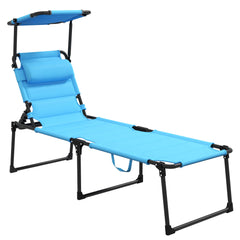 Famisati Outdoor Lounge Chair, Adjustable Backrest Folding Chaise Lounge, Cushioned Tanning Chair w/Sunshade Roof & Pillow Headrest for Beach, Camping, Hiking, Light Blue