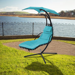 Famisati Hanging Chaise Lounger with Removable Canopy, Outdoor Swing Chair with Built-in Pillow, Hanging Curved Chaise Lounge Chair Swing for Patio Porch Poolside, Hammock Chair with Stand (Blue)