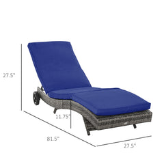 Attractiskin Chaise Lounge Pool Chair, Outdoor PE Rattan Cushioned Patio Sun Lounger w/ 5-Level Adjustable Backrest & Wheels for Easy Movement, Wicker, Dark Blue