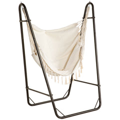 Famisati Patio Hammock Chair with U Shape Stand, Outdoor Hammock Swing Hanging Lounge Chair with Side Pocket, Brown/Cream White