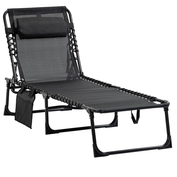 Famisati Reclining Chaise Lounge Chair, Portable Sun Lounger, Folding Camping Cot, with Adjustable Backrest and Removable Pillow, for Patio, Garden, Beach, Black