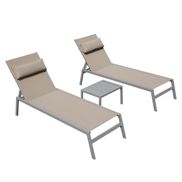 Famisati Patio Chaise Lounge Set of 3, Aluminum Pool Lounge Chairs with Side Table, Outdoor Adjustable Recliner All Weather for Poolside, Beach, Yard, Balcony (Khaki)