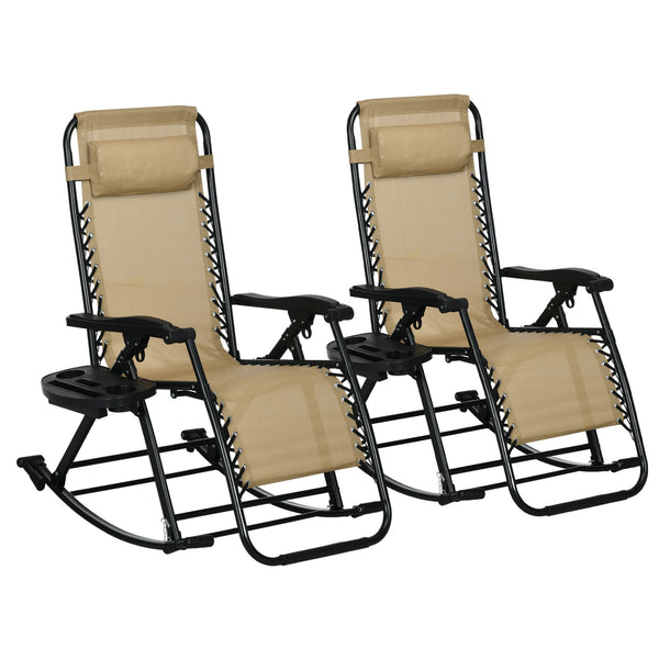 Attractiskin 2 Pieces Outdoor Rocking Chairs, Foldable Reclining Zero Gravity Lounge Rocker with Pillow, Cup & Phone Holder, Combo Design with Folding Legs, Beige