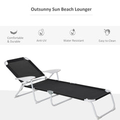 Famisati Folding Chaise Lounge, Outdoor Sun Tanning Chair, 4-Position Reclining Back, Armrests, Metal Frame and Mesh Fabric for Beach, Yard, Patio, Black