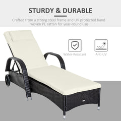 Famisati Wicker Outdoor Chaise Lounge, 5-Level Adjustable Backrest PE Rattan Pool Lounge Chair with Wheels, Cushion & Headrest, Dark Coffee and Cream White