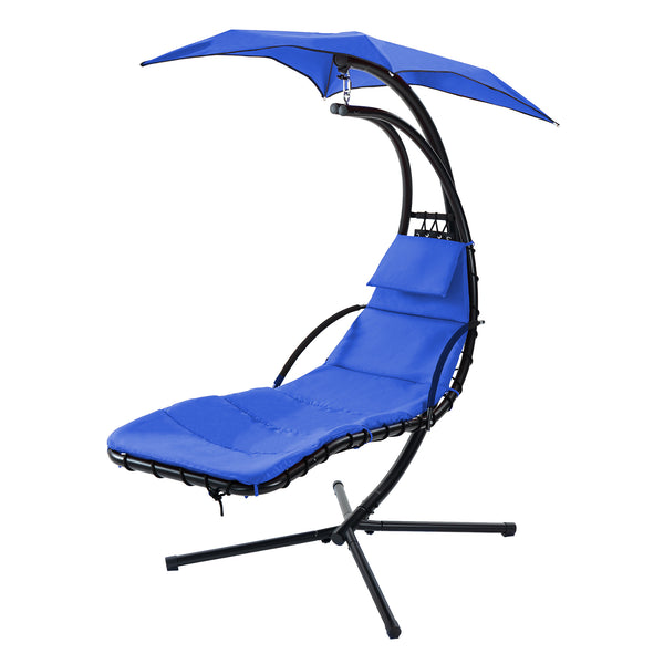 Famisati Hanging Chaise Lounger with Removable Canopy, Outdoor Swing Chair with Built-in Pillow, Hanging Curved Chaise Lounge Chair Swing for Patio Porch Poolside, Hammock Chair with Stand (Navt)