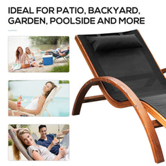 Famisati Outdoor Chaise Wood Lounge Chair with Pillow, Armrests, Breathable Sling Mesh and Comfortable Curved Design for Patio, Deck, and Poolside