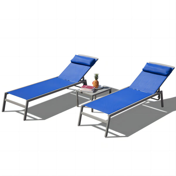 Famisati Patio Chaise Lounge Set, 3 Pieces Adjustable Aluminum Backrest Pool Lounge Chairs Textilene Sunbathing Recliner with Headrest (Blue,2 Lounge Chairs+1 Table)