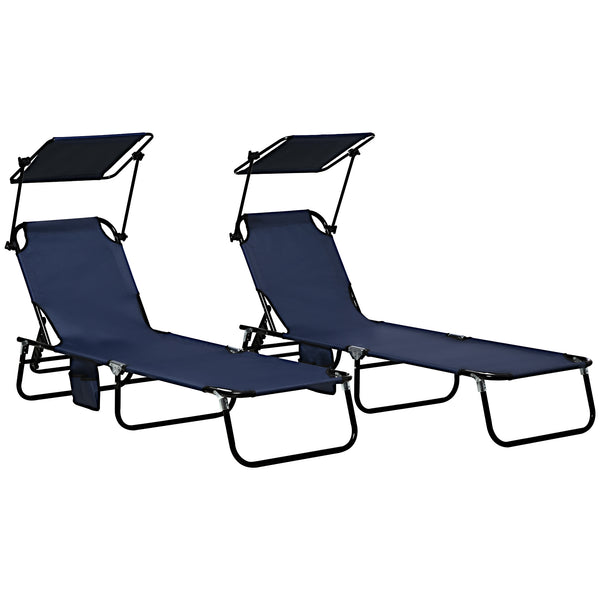 Famisati Folding Chaise Lounge Pool Chairs, Outdoor Sun Tanning Chairs with Canopy Shade, Reclining Back, Steel Frame and Side Pocket for Beach, Yard, Patio, Dark Blue