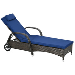 Famisati Wicker Outdoor Chaise Lounge, 5-Level Adjustable Backrest PE Rattan Pool Lounge Chair with Wheels, Cushion & Headrest, Brown and Dark Blue