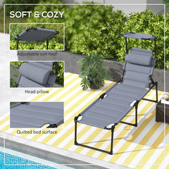 Famisati Outdoor Lounge Chair, Adjustable Backrest Folding Chaise Lounge, Cushioned Tanning Chair w/Sunshade Roof & Pillow Headrest for Beach, Camping, Hiking, Gray