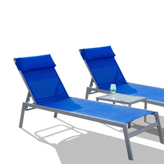 Famisati Patio Chaise Lounge Set, 3 Pieces Adjustable Backrest Pool Lounge Chairs Steel Textilene Sunbathing Recliner with Headrest (Blue.2 Lounge Chairs+1 Table)