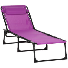 Famisati Folding Chaise Lounge Pool Chair, Patio Sun Tanning Chair, Outdoor Lounge Chair w/ 4-Position Reclining Back, Pillow, Breathable Mesh & Bungee Seat for Beach, Yard, Patio, Purple