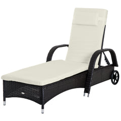 Famisati Wicker Outdoor Chaise Lounge, 5-Level Adjustable Backrest PE Rattan Pool Lounge Chair with Wheels, Cushion & Headrest, Dark Coffee and Cream White