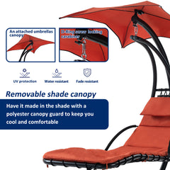 Famisati Hanging Chaise Lounger with Removable Canopy, Outdoor Swing Chair with Built-in Pillow, Hanging Curved Chaise Lounge Chair Swing for Patio Porch Poolside, Hammock Chair with Stand (Orange)