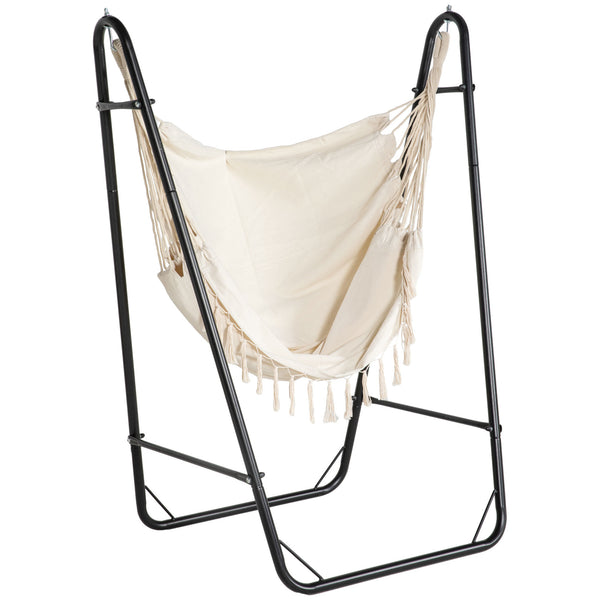 Famisati Patio Hammock Chair with U Shape Stand, Outdoor Hammock Swing Hanging Lounge Chair with Side Pocket, Black/Cream White