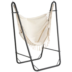 Famisati Patio Hammock Chair with U Shape Stand, Outdoor Hammock Swing Hanging Lounge Chair with Side Pocket, Black/Cream White