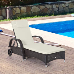 Famisati Wicker Outdoor Chaise Lounge, 5-Level Adjustable Backrest PE Rattan Pool Lounge Chair with Wheels, Cushion & Headrest, Dark Coffee and Cream White