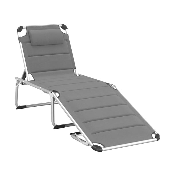 Famisati Foldable Outdoor Chaise Lounge Chair, 5-Level Reclining Camping Tanning Chair with Aluminum Frame, Padding, and Headrest for Beach, Yard, Patio, Pool, Gray