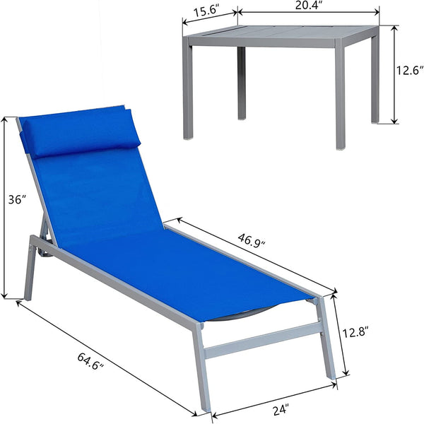 Famisati Patio Chaise Lounge Set, 3 Pieces Adjustable Backrest Pool Lounge Chairs Steel Textilene Sunbathing Recliner with Headrest (Blue.2 Lounge Chairs+1 Table)