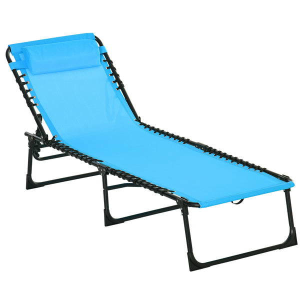 Famisati Folding Chaise Lounge Pool Chair, Patio Sun Tanning Chair, Outdoor Lounge Chair w/ 4-Position Reclining Back, Pillow, Breathable Mesh & Bungee Seat for Beach, Yard, Patio, Blue