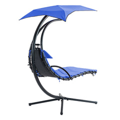 Famisati Hanging Chaise Lounger with Removable Canopy, Outdoor Swing Chair with Built-in Pillow, Hanging Curved Chaise Lounge Chair Swing for Patio Porch Poolside, Hammock Chair with Stand (Navt)