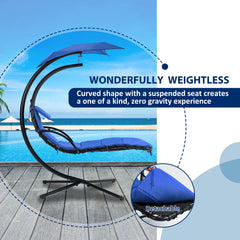 Famisati Hanging Chaise Lounger with Removable Canopy, Outdoor Swing Chair with Built-in Pillow, Hanging Curved Chaise Lounge Chair Swing for Patio Porch Poolside, Hammock Chair with Stand (Navt)