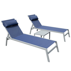 Famisati Patio Chaise Lounge Set of 3, Aluminum Pool Lounge Chairs with Side Table, Outdoor Adjustable Recliner All Weather for Poolside, Beach, Yard, Balcony (Navy Blue)