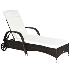 Famisati Wicker Outdoor Chaise Lounge, 5-Level Adjustable Backrest PE Rattan Pool Lounge Chair with Wheels, Cushion & Headrest, Brown and Cream White