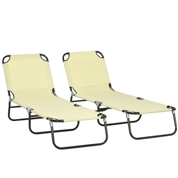 Attractiskin 2 Piece Folding Chaise Lounge Pool Chairs, Outdoor Sun Tanning Chairs with 5-Level Reclining Back, Steel Frame for Beach, Yard, Patio, Beige