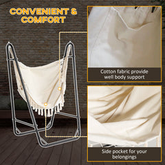 Famisati Patio Hammock Chair with U Shape Stand, Outdoor Hammock Swing Hanging Lounge Chair with Side Pocket, Black/Cream White