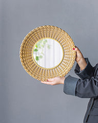 Famisati Wall decor mirror 14" Gold Beaded Sunburst Mirror, Round Accent Wall Mirror for Living Room, Entryway, Bathroom, Office, Foyer