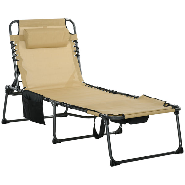 Famisati Folding Chaise Lounge with 5-level Reclining Back, Outdoor Tanning Chair with Reading Face Hole, Outdoor Lounge Chair with Side Pocket & Headrest for Beach, Yard, Patio, Beige