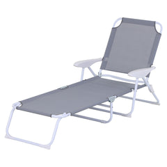 Famisati Folding Chaise Lounge, Outdoor Sun Tanning Chair, 4-Position Reclining Back, Armrests, Metal Frame and Mesh Fabric for Beach, Yard, Patio, Gray