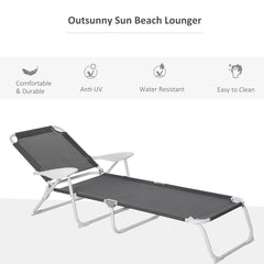 Famisati Folding Chaise Lounge, Outdoor Sun Tanning Chair, 4-Position Reclining Back, Armrests, Metal Frame and Mesh Fabric for Beach, Yard, Patio, Dark Gray