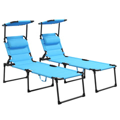 Attractiskin 2 Pcs Outdoor Lounge Chair, Adjustable Backrest Folding Chaise Lounge, Cushioned Tanning Chair w/Sunshade Roof & Pillow Headrest for Beach, Camping, Hiking, Light Blue