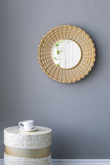 Famisati Wall decor mirror 14" Gold Beaded Sunburst Mirror, Round Accent Wall Mirror for Living Room, Entryway, Bathroom, Office, Foyer