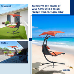 Famisati Hanging Chaise Lounger with Removable Canopy, Outdoor Swing Chair with Built-in Pillow, Hanging Curved Chaise Lounge Chair Swing for Patio Porch Poolside, Hammock Chair with Stand (Orange)