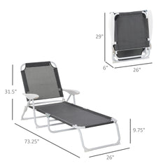 Famisati Folding Chaise Lounge, Outdoor Sun Tanning Chair, 4-Position Reclining Back, Armrests, Metal Frame and Mesh Fabric for Beach, Yard, Patio, Dark Gray