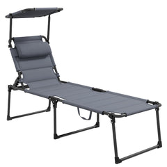 Famisati Outdoor Lounge Chair, Adjustable Backrest Folding Chaise Lounge, Cushioned Tanning Chair w/Sunshade Roof & Pillow Headrest for Beach, Camping, Hiking, Gray