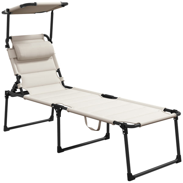 Famisati Outdoor Lounge Chair, Adjustable Backrest Folding Chaise Lounge, Cushioned Tanning Chair w/Sunshade Roof & Pillow Headrest for Beach, Camping, Hiking, Cream White